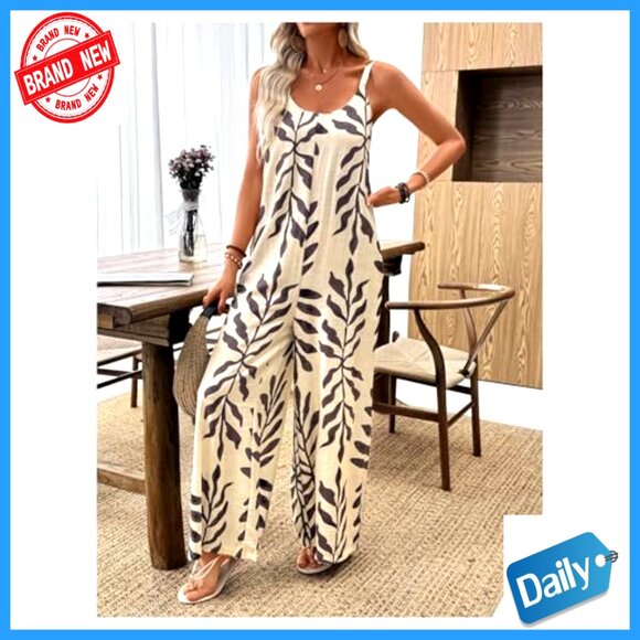 Large Wide Leg Jumpsuit Spaghetti Strap Boho Romper with Pockets - Picture 4 of 5